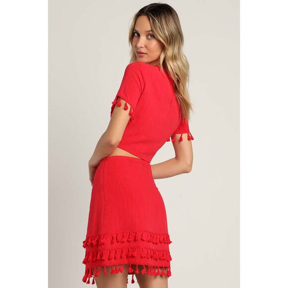 Lulus Made for Madrid Red Tasseled Two-Piece Mini Dress Set Linen Size Small - Picture 3 of 7